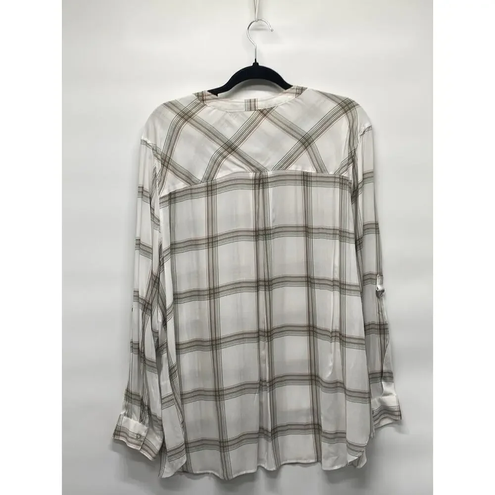Jane + Delancey Women’s Button Front Top White Plaid Green Classic Neutral Sz 2x - Picture 2 of 8